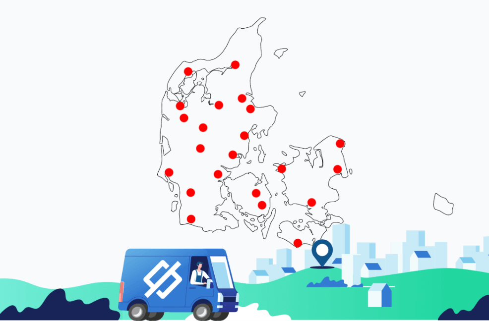 Danmarkskort med Søbergs dækningsområde